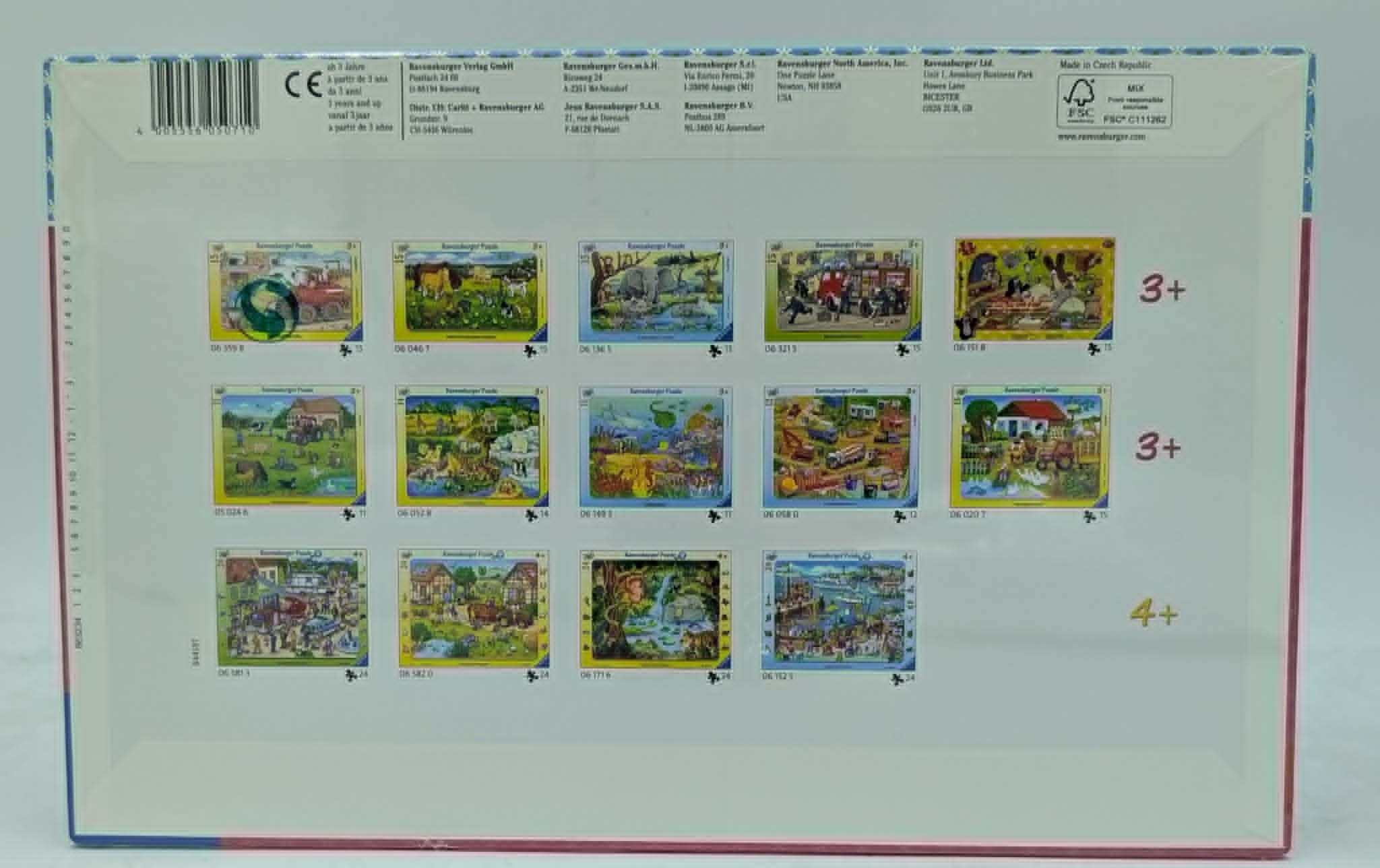 Rückseite einer Puzzleschachtel mit verschiedenen Kinderpuzzle-Illustrationen, Barcodes und Altersempfehlungen.