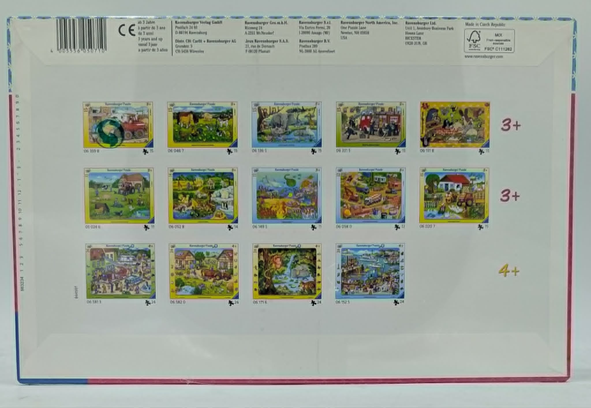 Rückseite einer Puzzle-Box mit verschiedenen bunten Puzzle-Motiven, Altersangaben und Barcode oben.