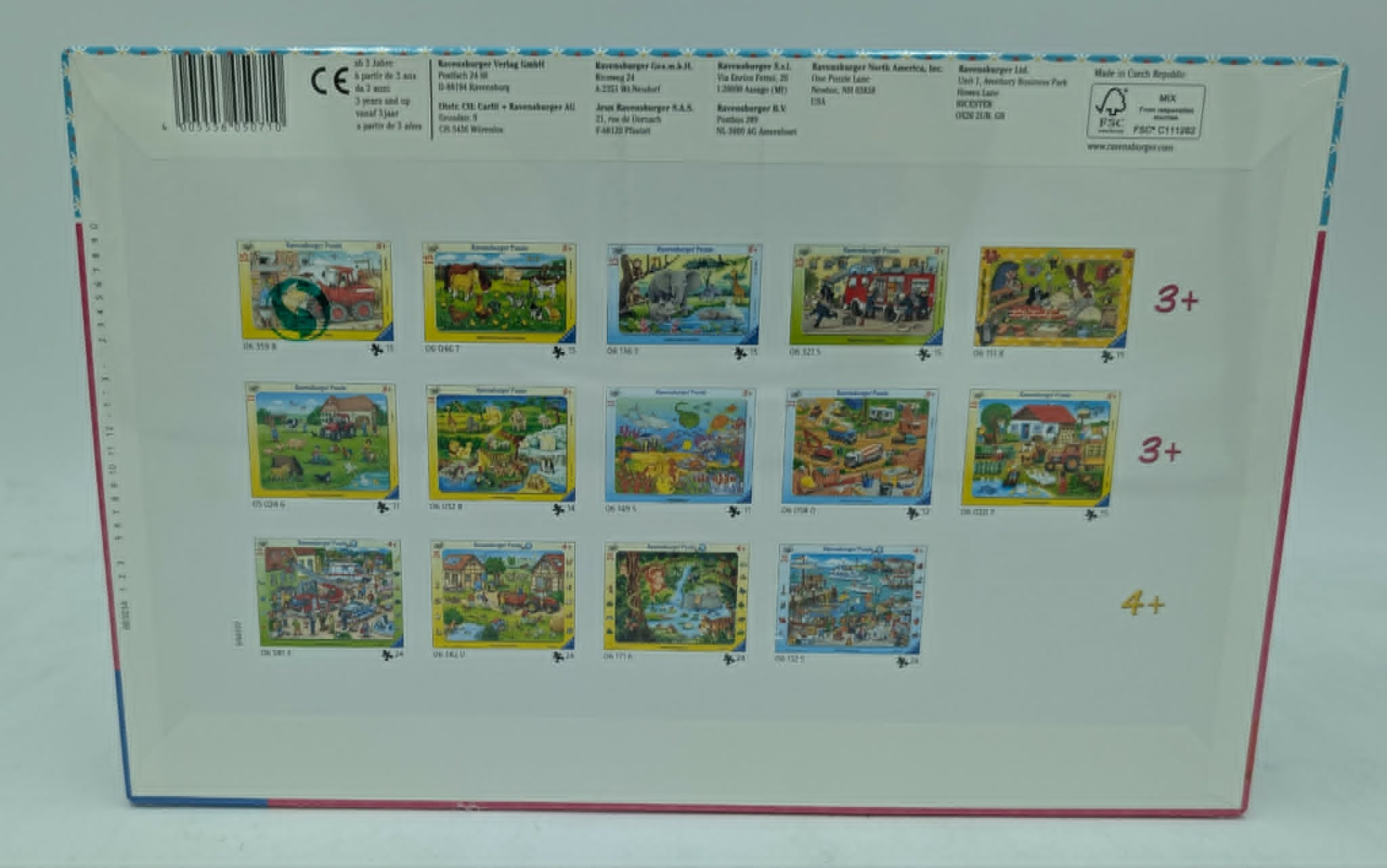 Die Rückseite eines Puzzle-Kartons zeigt Abbildungen verschiedener Kindermotive und Altersstufen.