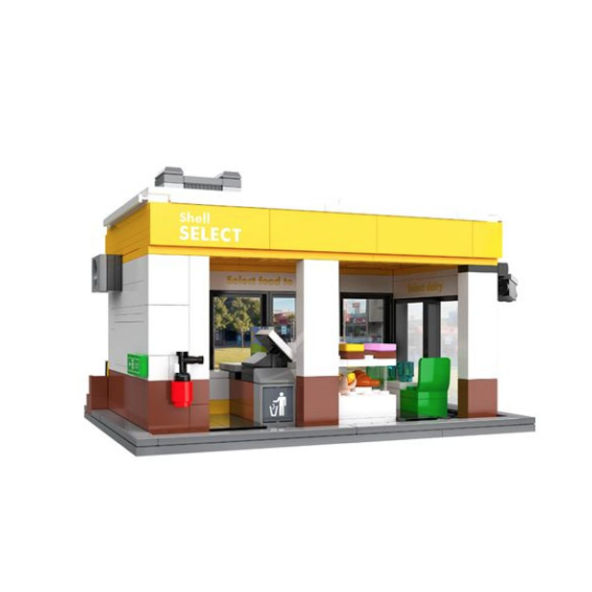 Ein Lego Shell Select Shop mit weißer und gelber Fassade, Kasse, Regalen und grünem Stuhl.