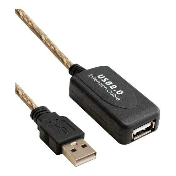 Beyaz arka planda şeffaf kablolu ve siyah konektörlü bir USB 2.0 uzatma kablosu.