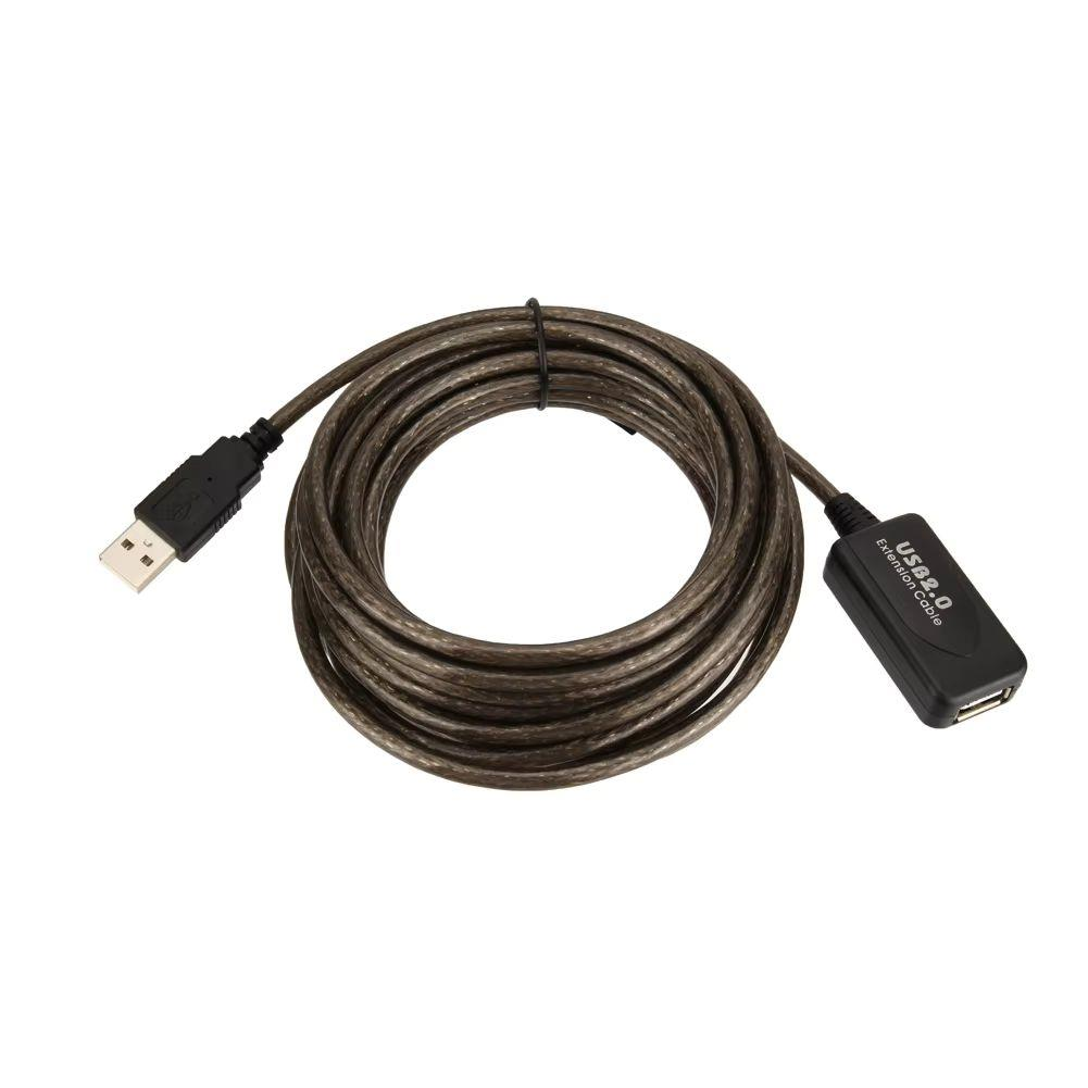 Şeffaf kılıflı, uçlarında siyah konnektör ve port bulunan sarılı bir USB 2.0 uzatma kablosu.