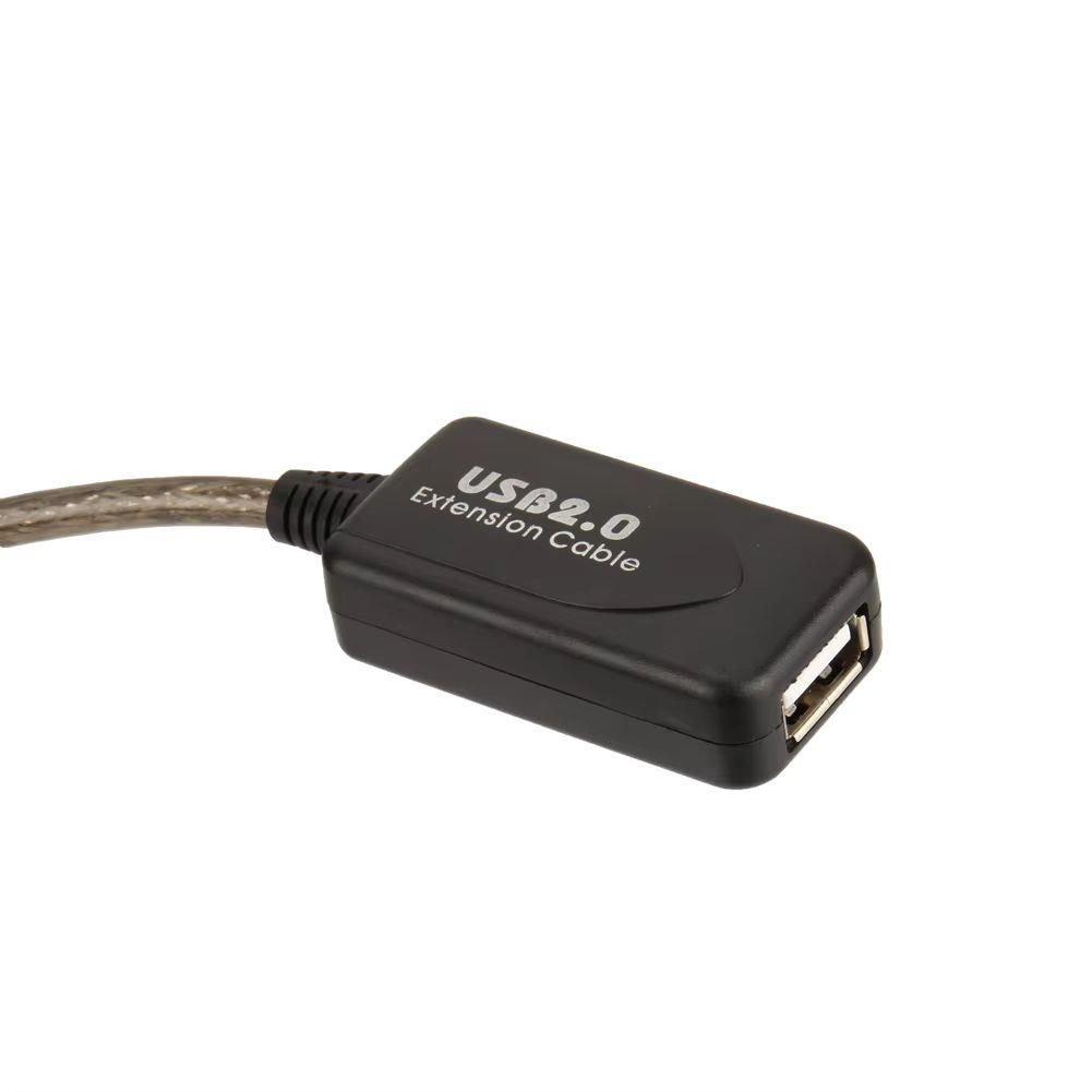 Beyaz arkaplanda beyaz yazılı siyah bir USB 2.0 uzatma kablosu adaptörü.