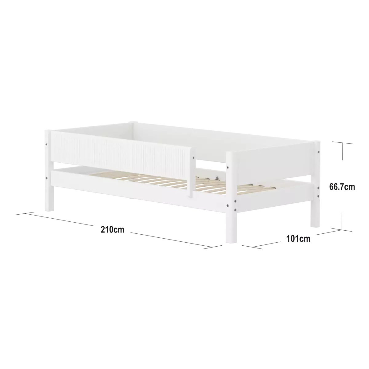 Weißes Holzkinderbett mit Sicherheitsgitter, 210cm lang, 101cm breit und 66.7cm hoch.