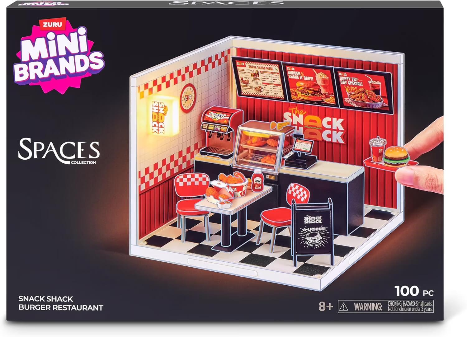 Mini Brands Spaces Snack Shack Burger Restaurant Spielset mit Tisch, Stühlen und Essensminiaturen.