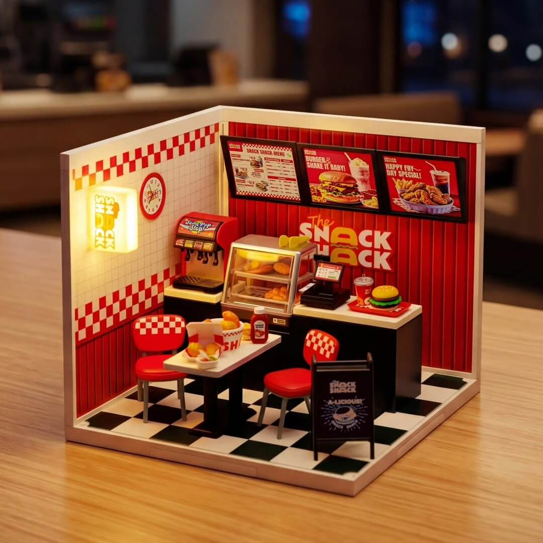 Miniaturmodell eines Retro-Diners mit kariertem Boden, roten Hockern, Menütafeln und Tischen.