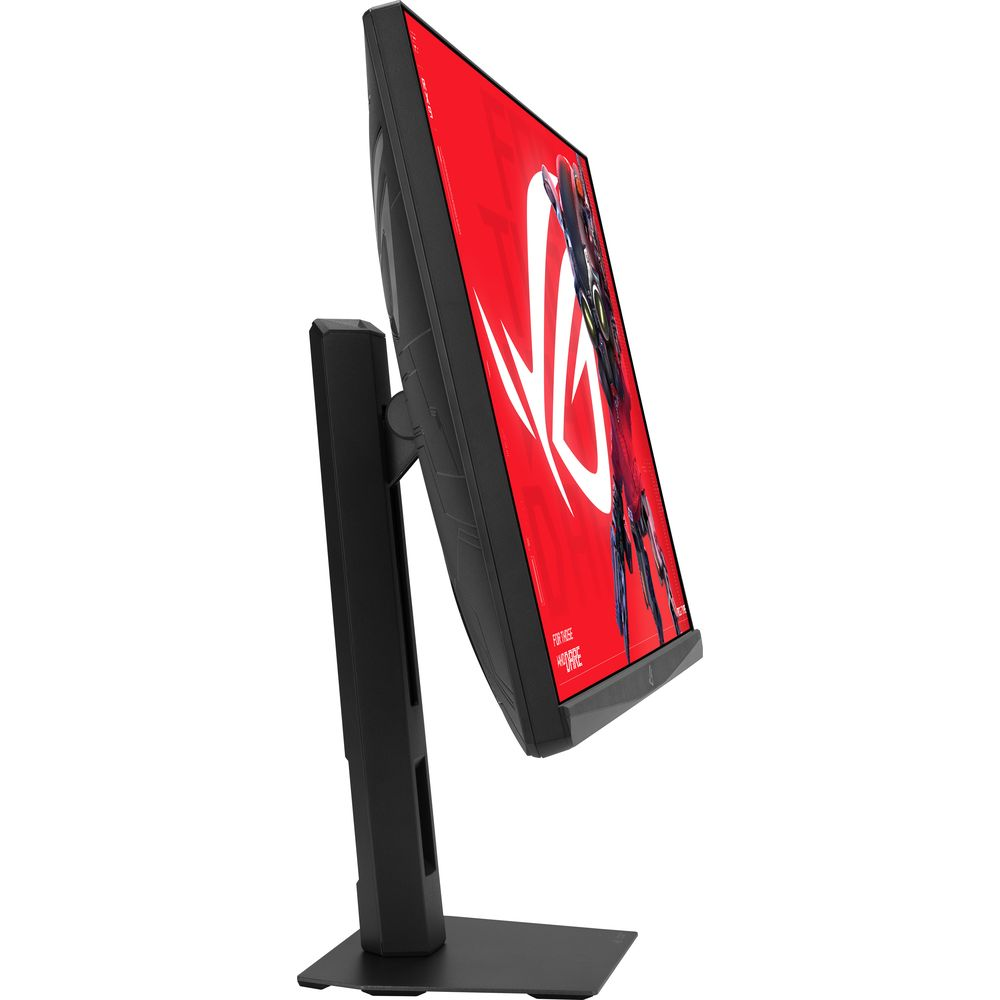 Ein schwarzer Gaming-Monitor steht vor weißem Hintergrund und zeigt einen roten Bildschirm mit weißem ROG-Logo.