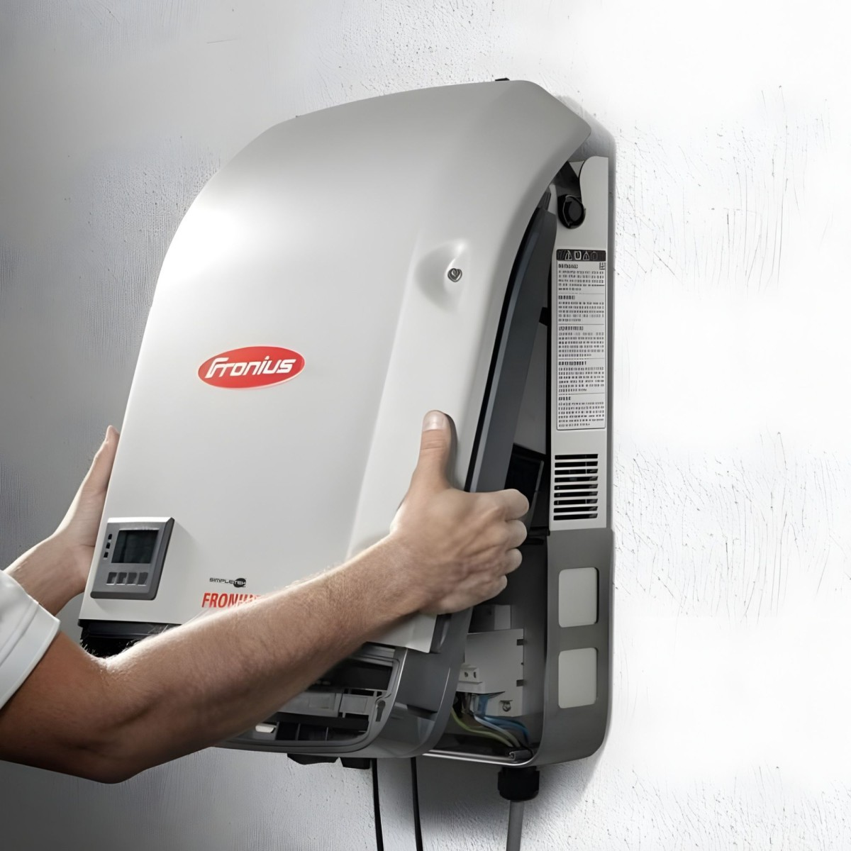 Un tecnico sta installando un inverter grigio Fronius su una parete bianca.