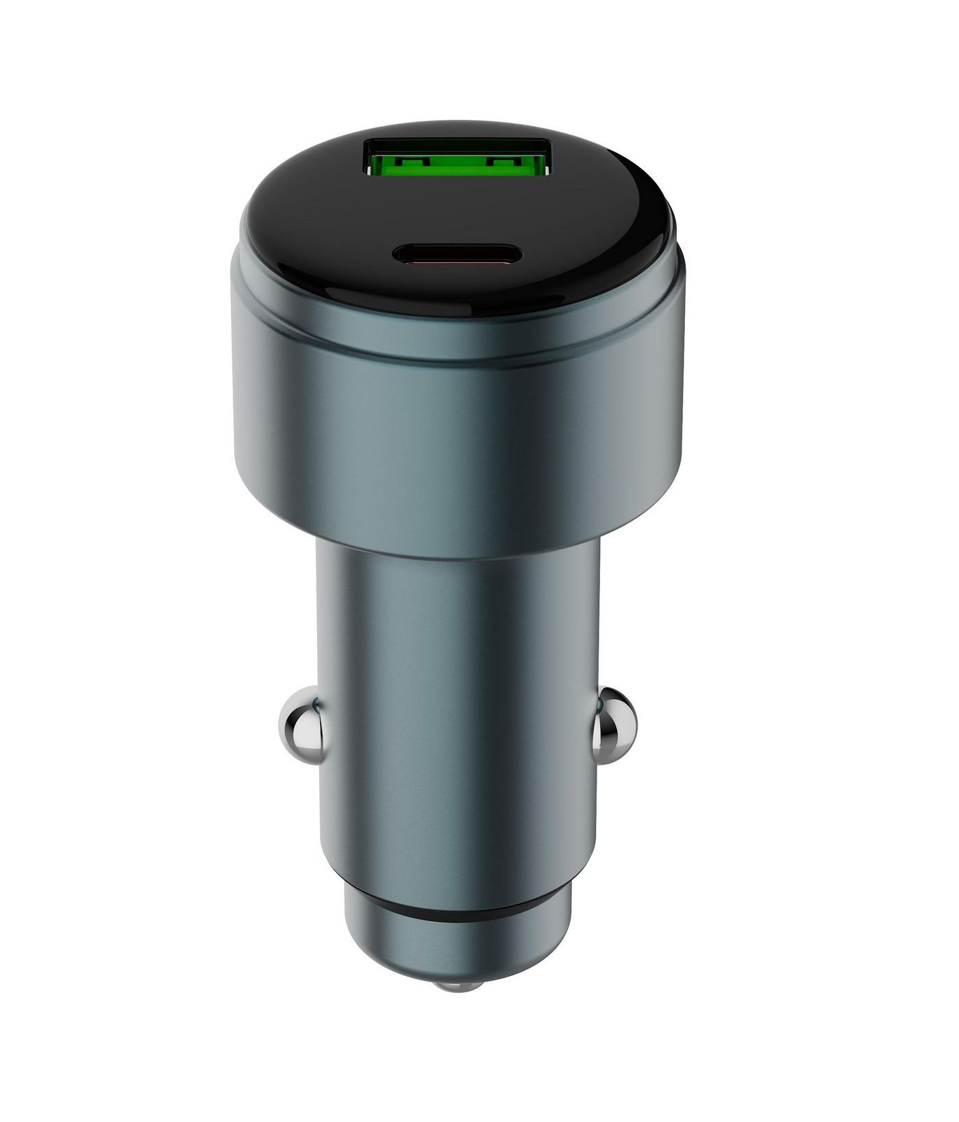 Graues USB-Autoladegerät mit einer USB-A- und einer USB-C-Anschlussbuchse.