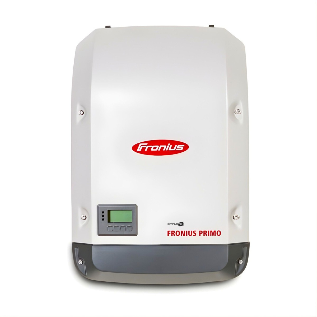 Un inverter solare Fronius Primo bianco con sezione inferiore grigia e piccolo display su sfondo bianco.