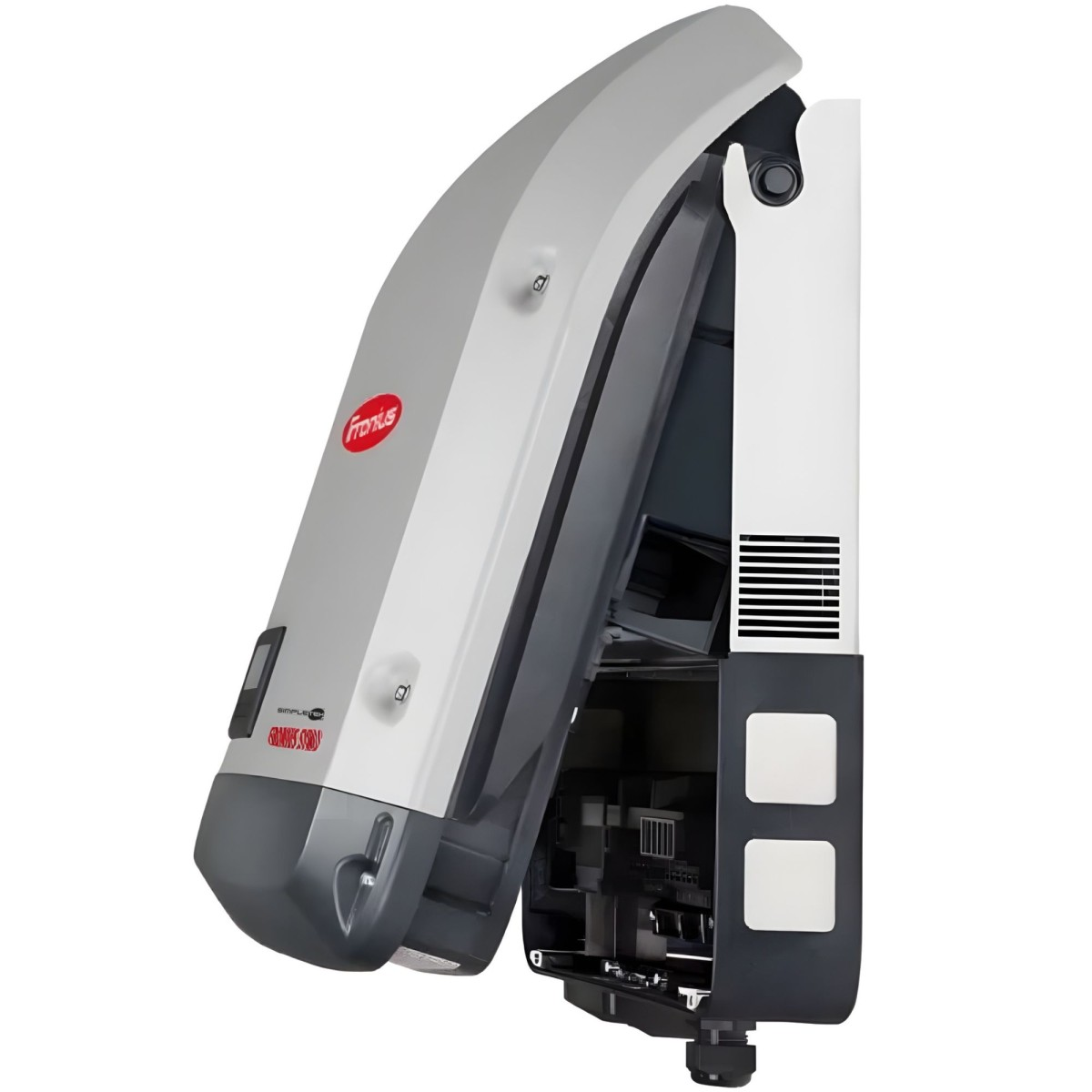 Un moderno inverter solare Fronius grigio e bianco montato a muro con il coperchio anteriore aperto.