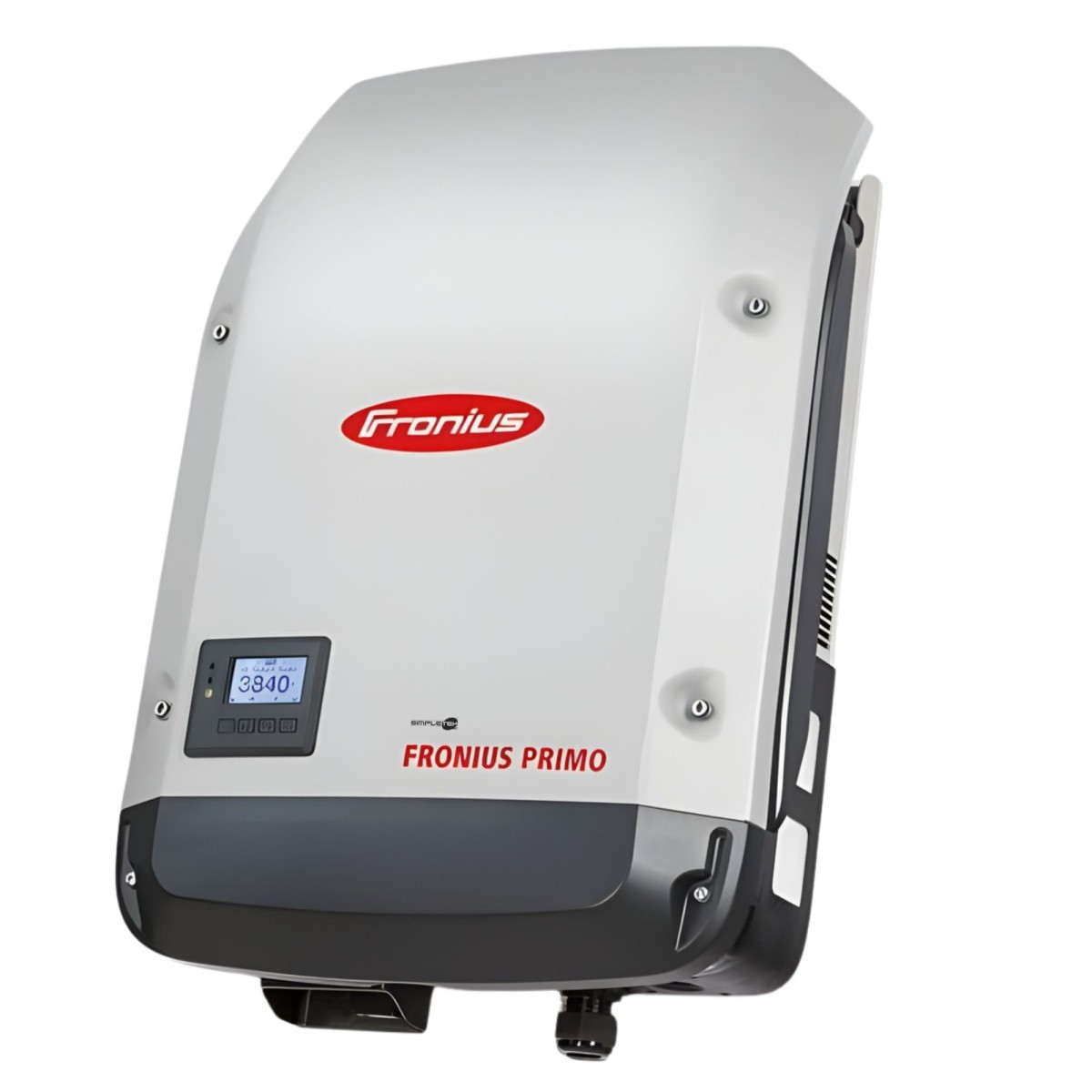 Un inverter solare Fronius Primo argento e nero con display digitale su sfondo bianco.