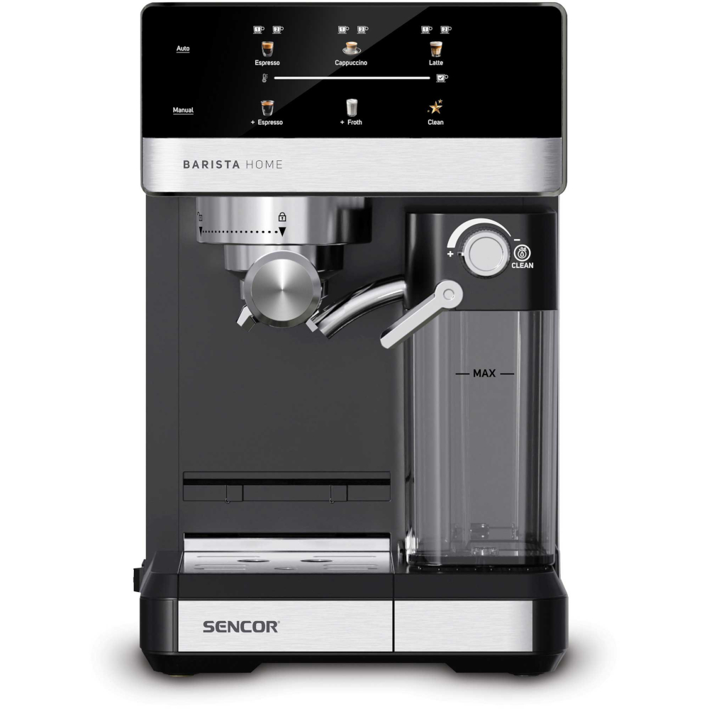 Moderna macchina per caffè espresso Sencor Barista Home nera con touchscreen e contenitore per latte.