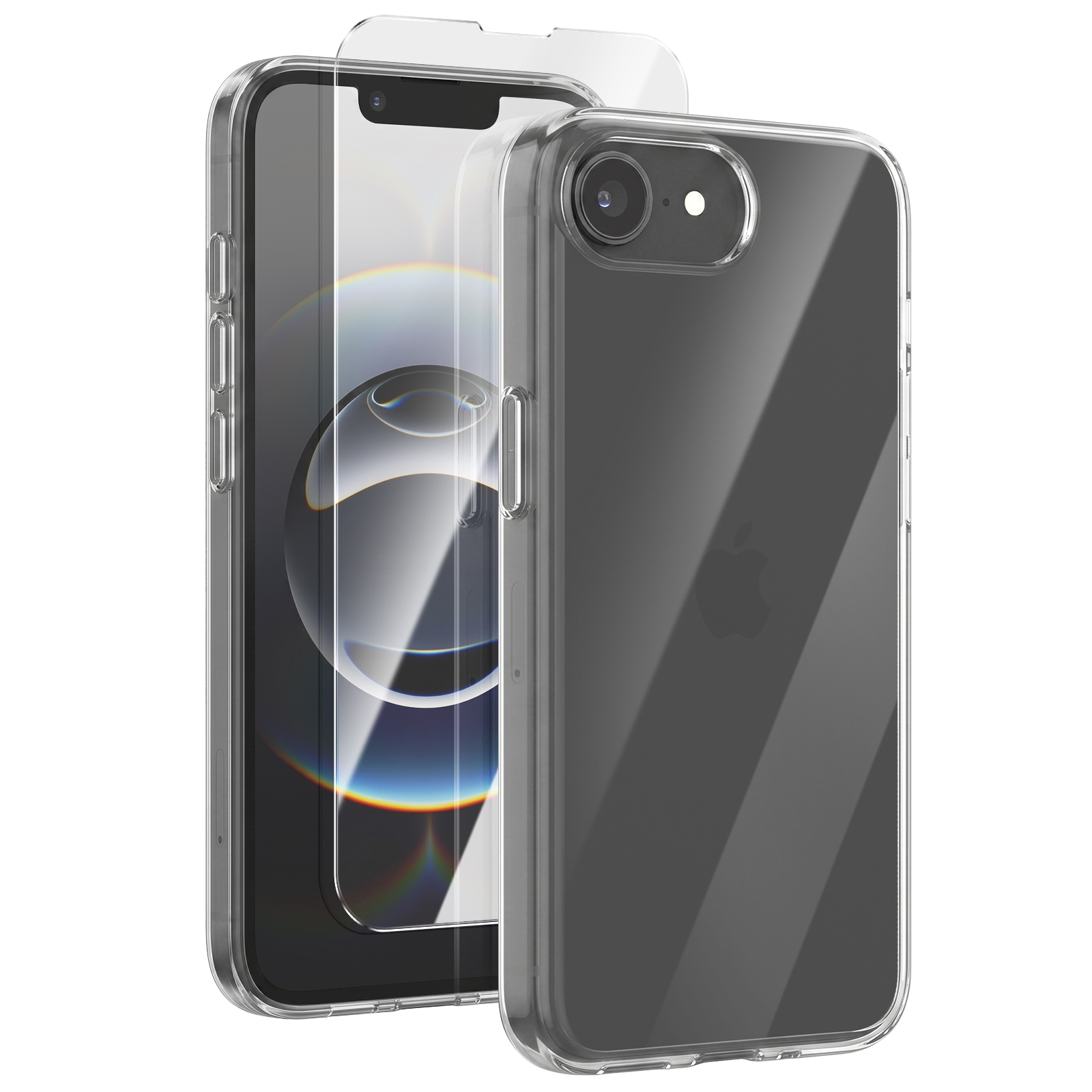 Transparente Handyhülle und Displayschutzfolie für ein iPhone mit schwarzem Hintergrund.