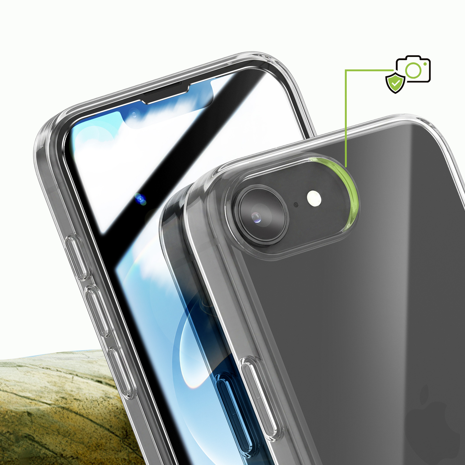 Transparente Handyhülle mit erhöhtem Rand zum Schutz der Kamera.