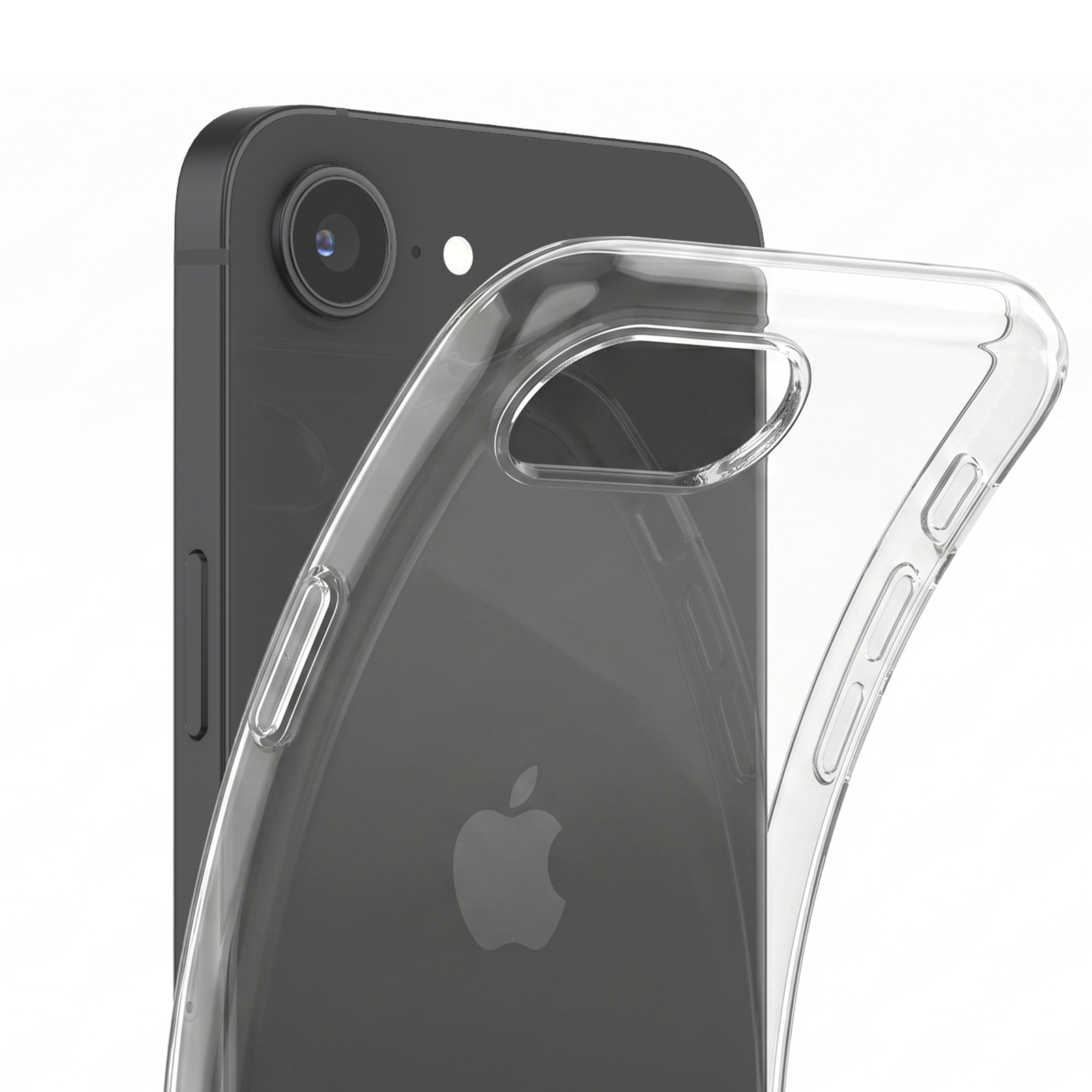 Eine transparente, flexible Kunststoffhülle wird auf ein dunkelgraues iPhone gesteckt, mit Apple-Logo.