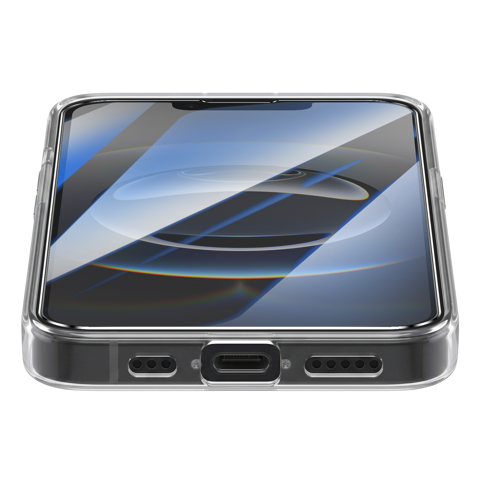 Unterseite eines Smartphones mit Ladeanschluss und Lautsprechern in einer transparenten Hülle.