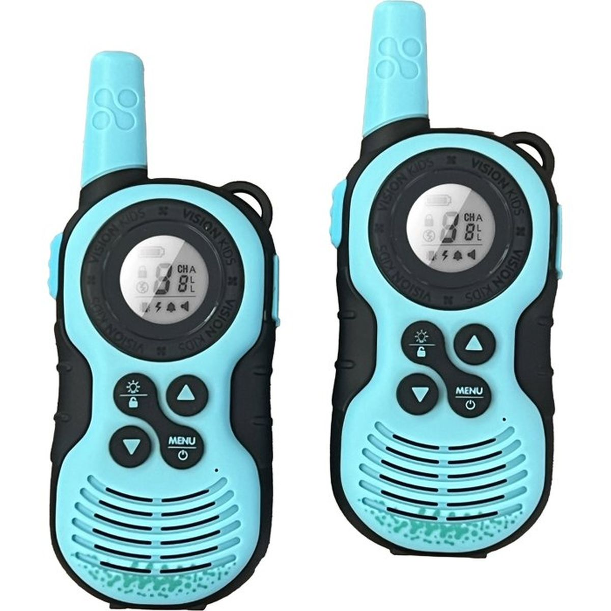 Zwei hellblaue und schwarze Kinder-Walkie-Talkies mit digitalen Bildschirmen und Tasten auf weißem Hintergrund.