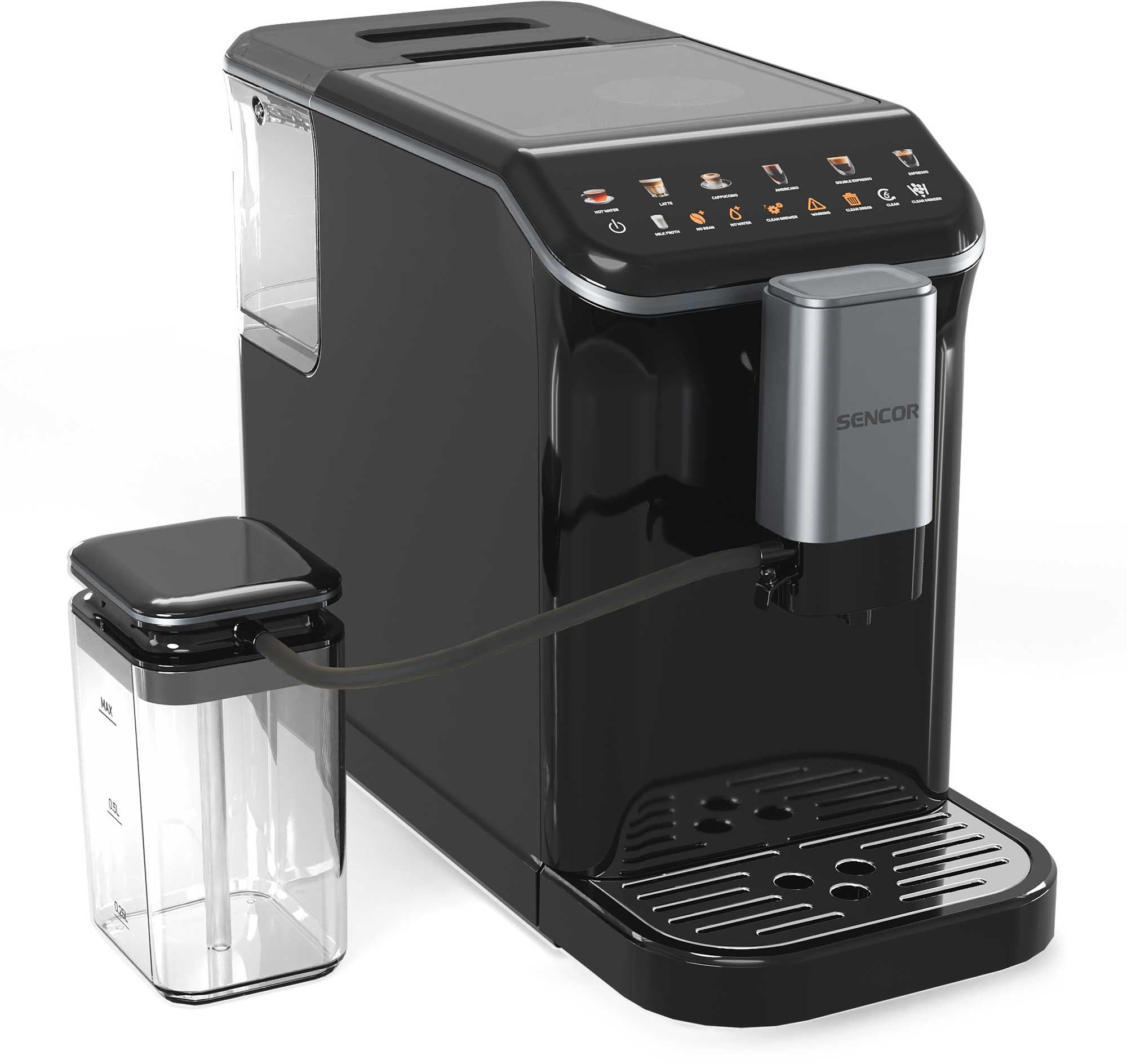 Macchina da caffè automatica Sencor nera con pannello tattile e contenitore del latte su sfondo bianco.