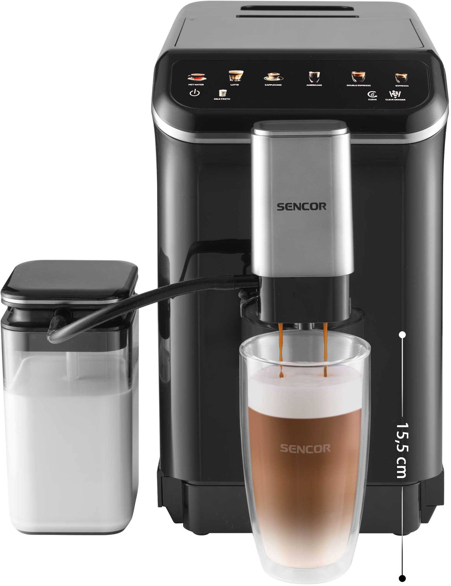 Macchina da caffè automatica Sencor nera con contenitore per il latte e un bicchiere di caffè.