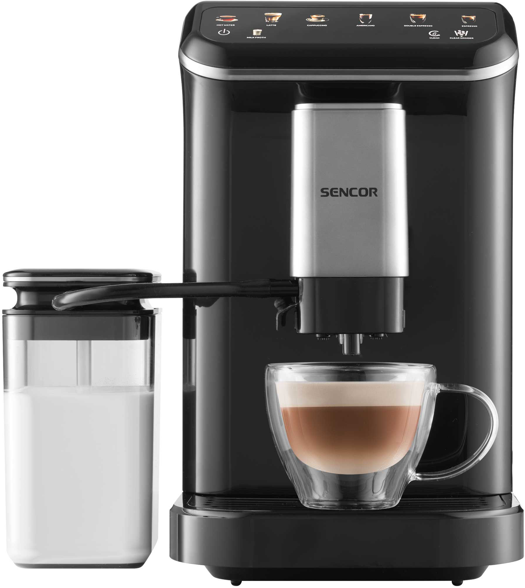 Macchina da caffè Sencor nera con contenitore per latte e tazza di latte macchiato.