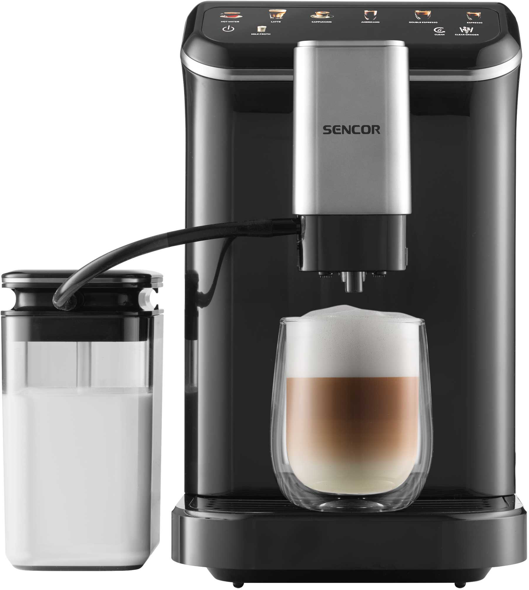 Macchina da caffè Sencor nera con contenitore per il latte e un bicchiere di latte macchiato.
