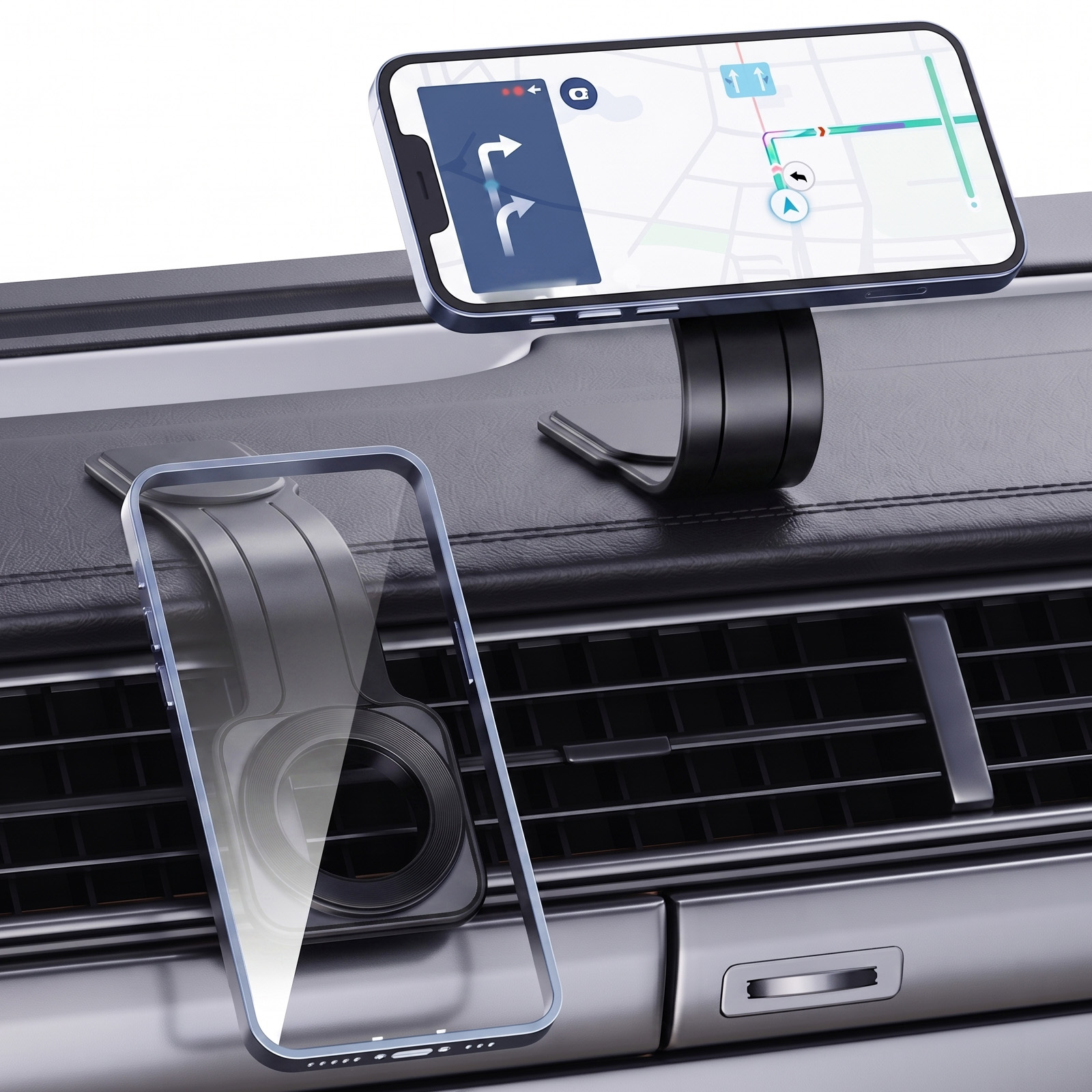 Zwei Smartphone-Halterungen im Auto montiert, eine mit Telefon mit Navigation und eine leer.