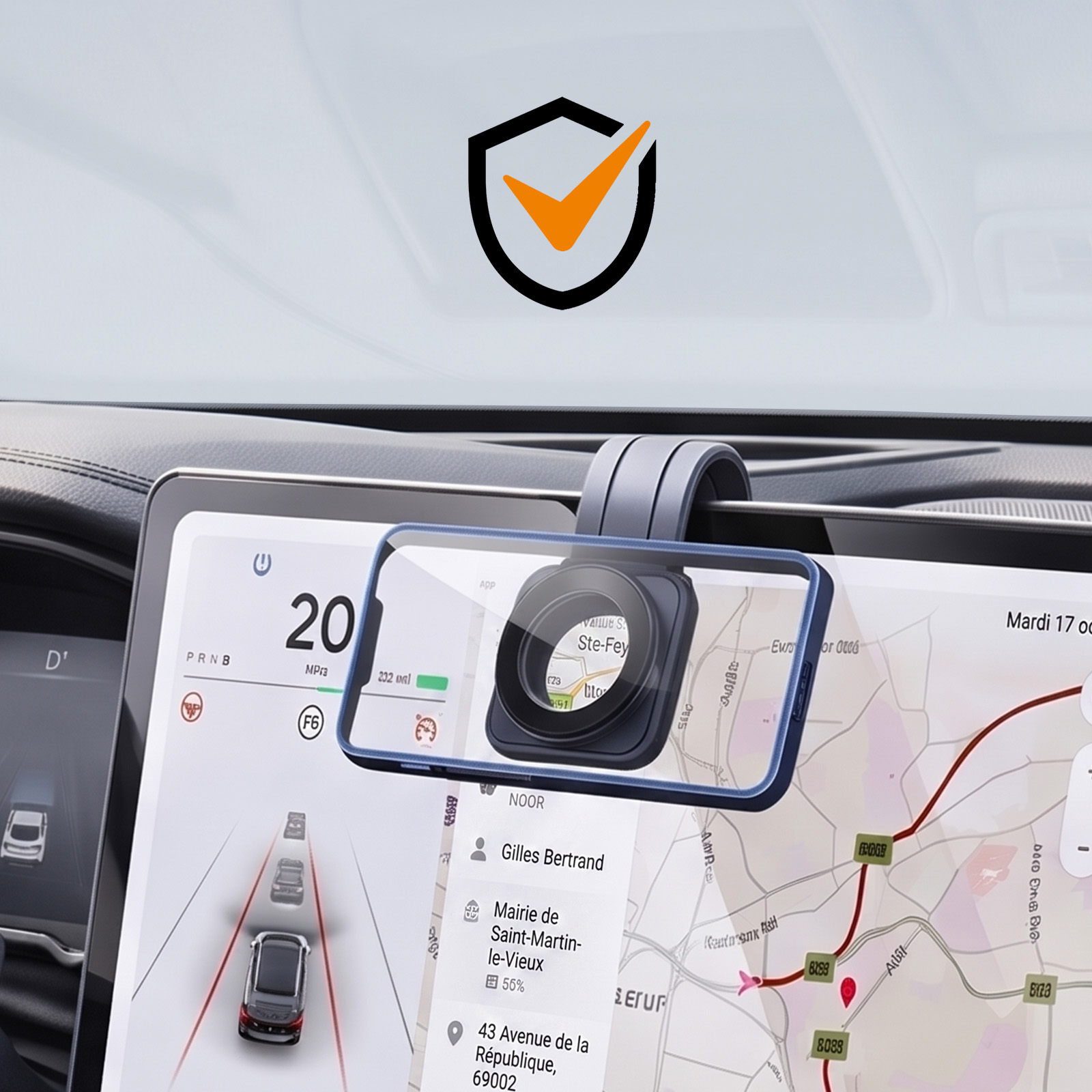 Smartphone-Halterung am Auto-Touchscreen mit Routenkarte.