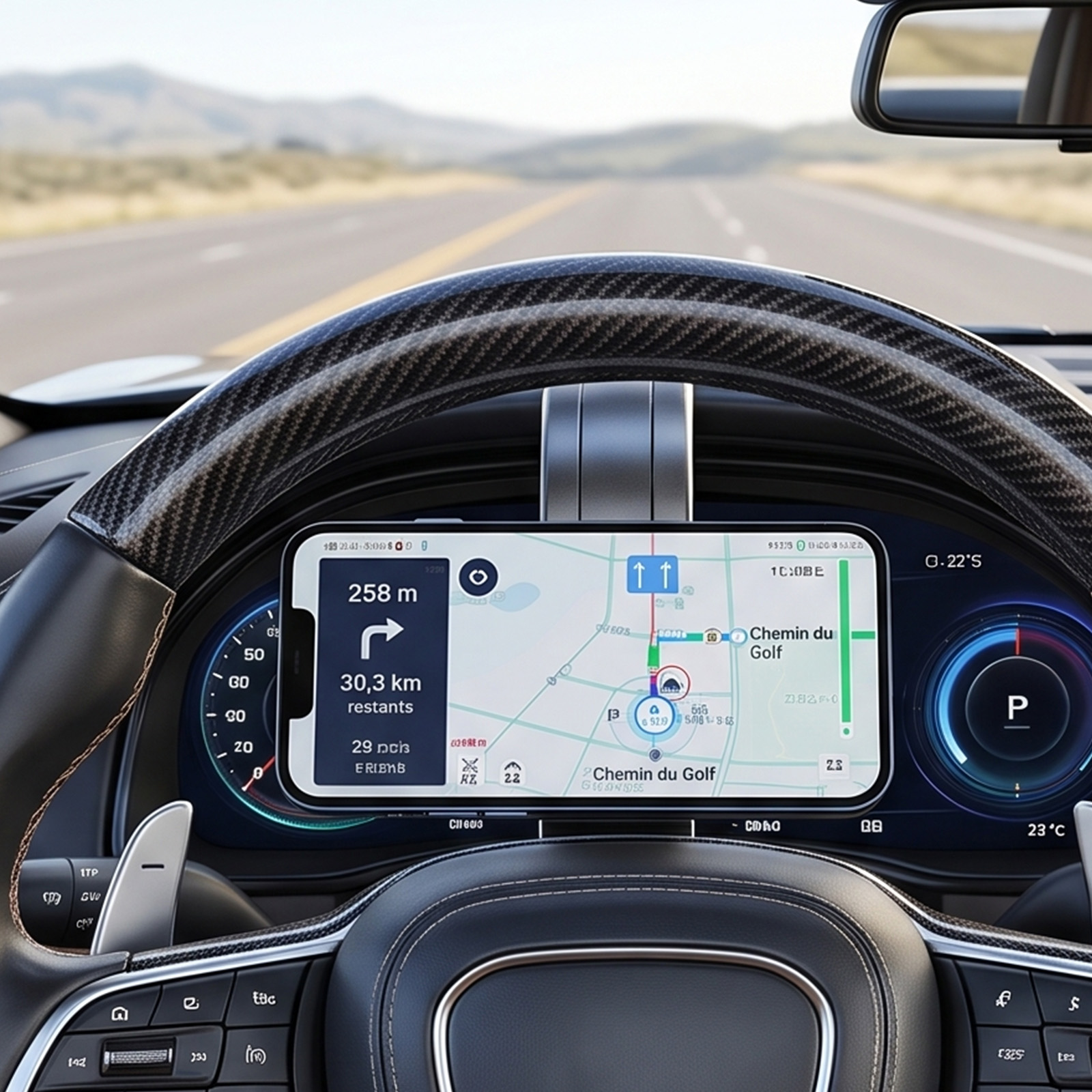 Ein Autolenkrad mit einem Smartphone, das eine GPS-Navigations-App mit Straßenkarte und Routendetails anzeigt.