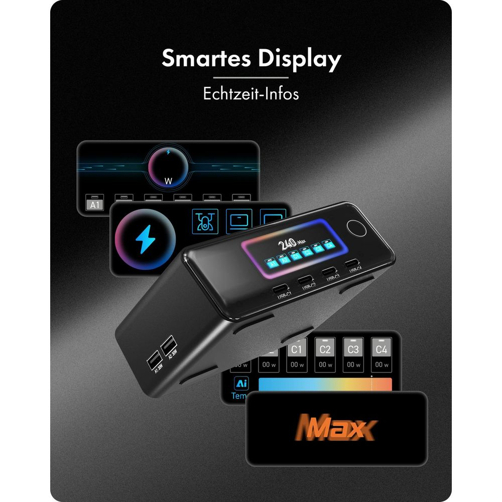 Schwarzes Ladegerät mit Smart-Display zeigt Echtzeit-Strominformationen.