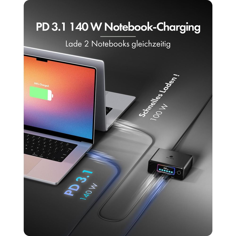 Ein schwarzes Ladegerät lädt zwei Notebooks gleichzeitig mit schneller Leistung auf.