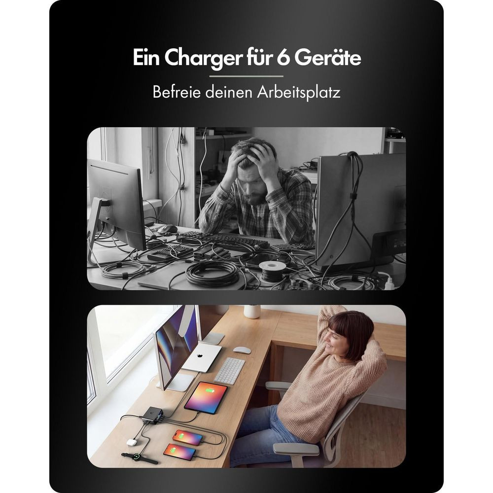 Oben: Gestresster Mann an chaotischem Schreibtisch mit Kabeln. Unten: Entspannte Frau an aufgeräumtem Schreibtisch.
