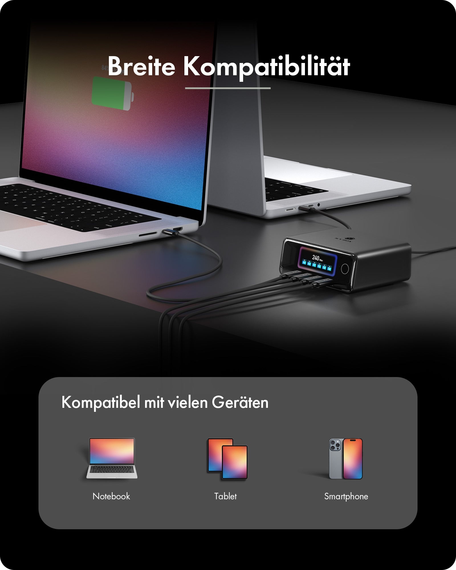 Ladegerät mit mehreren USB-Kabeln verbindet Laptops und zeigt Symbole für Notebooks, Tablets und Smartphones.