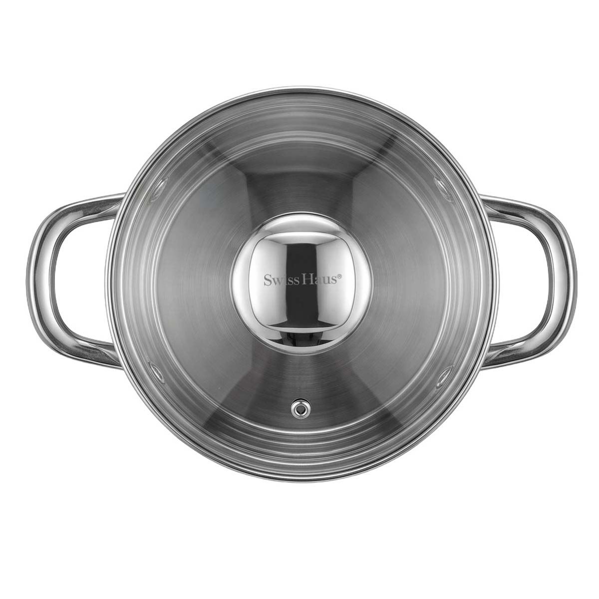 Edelstahltopf mit Glasdeckel und zwei seitlichen Griffen, von oben fotografiert auf weißem Hintergrund.