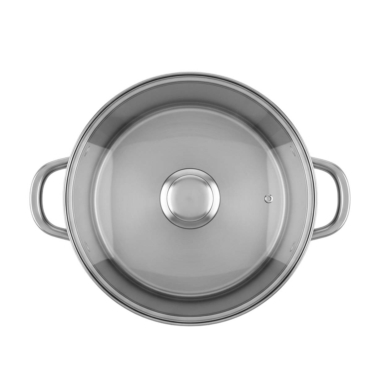 Edelstahltopf mit Glasdeckel und zwei seitlichen Griffen von oben gesehen auf weißem Hintergrund.