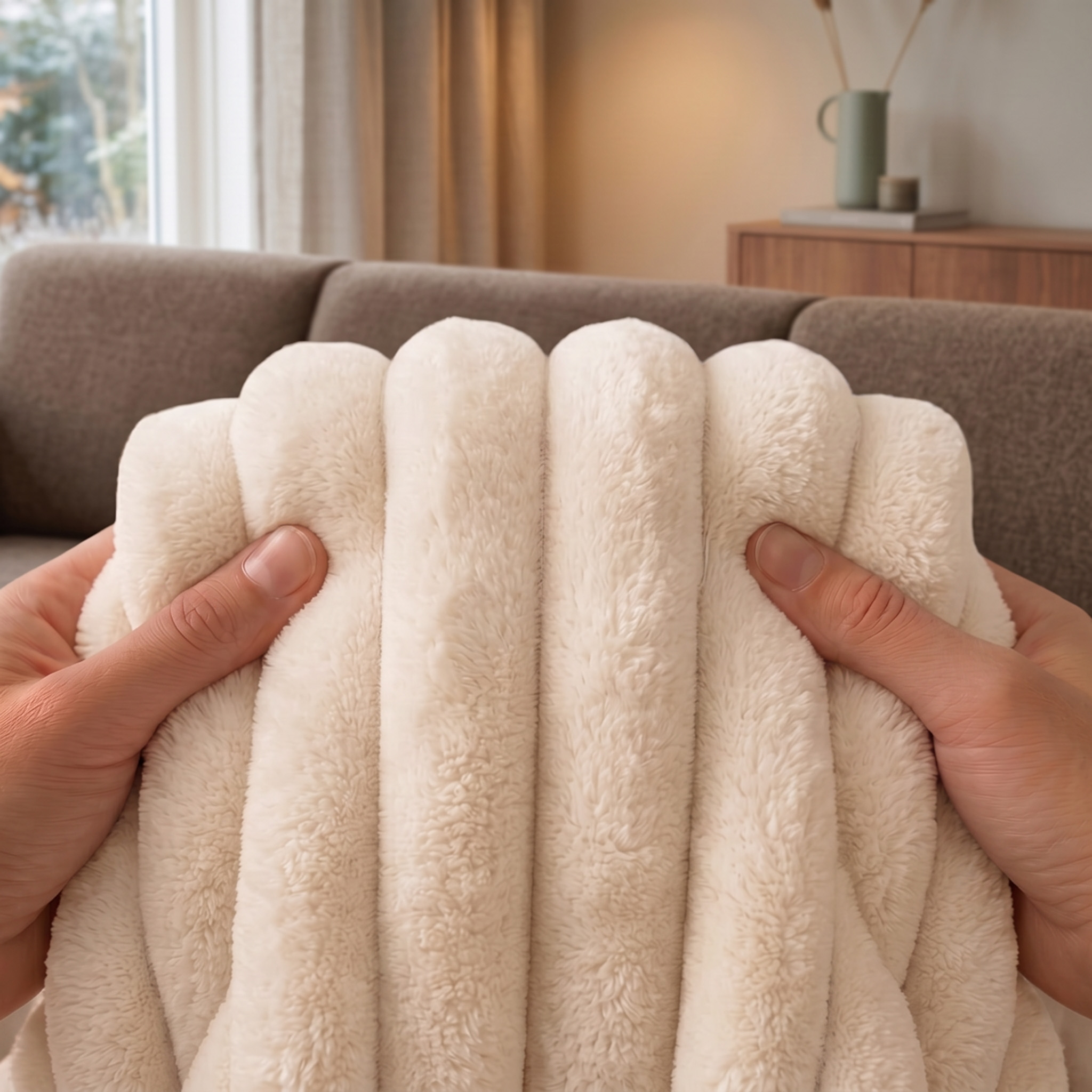 Mains tenant une couverture côtelée douce couleur crème avec un canapé et une fenêtre flous.
