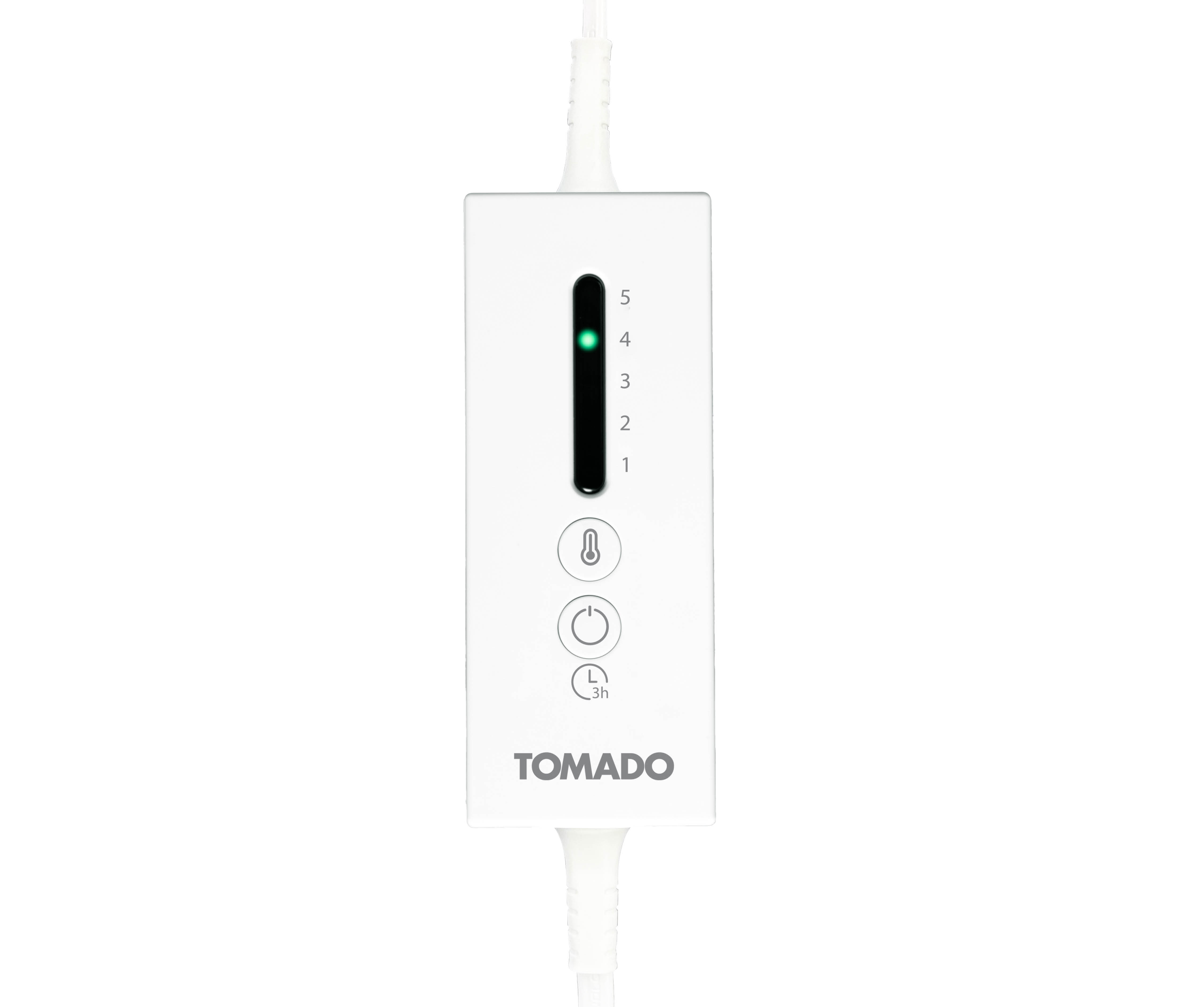 Télécommande Tomado blanche avec un indicateur LED vert pour les niveaux 1 à 5 et trois boutons de fonction ronds.