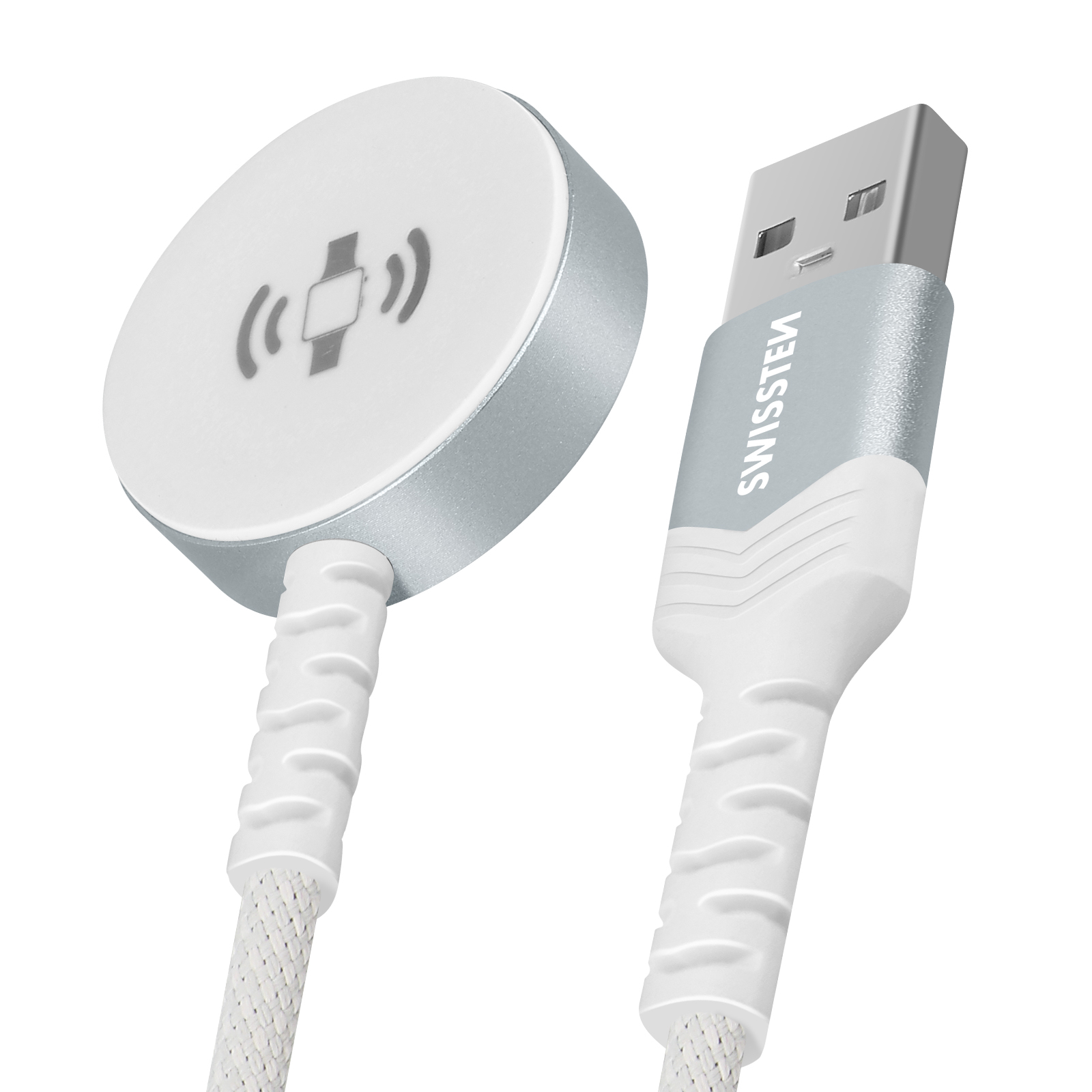 Weißes und silbernes Smartwatch-Ladekabel mit USB-Anschluss und Markenlogo.