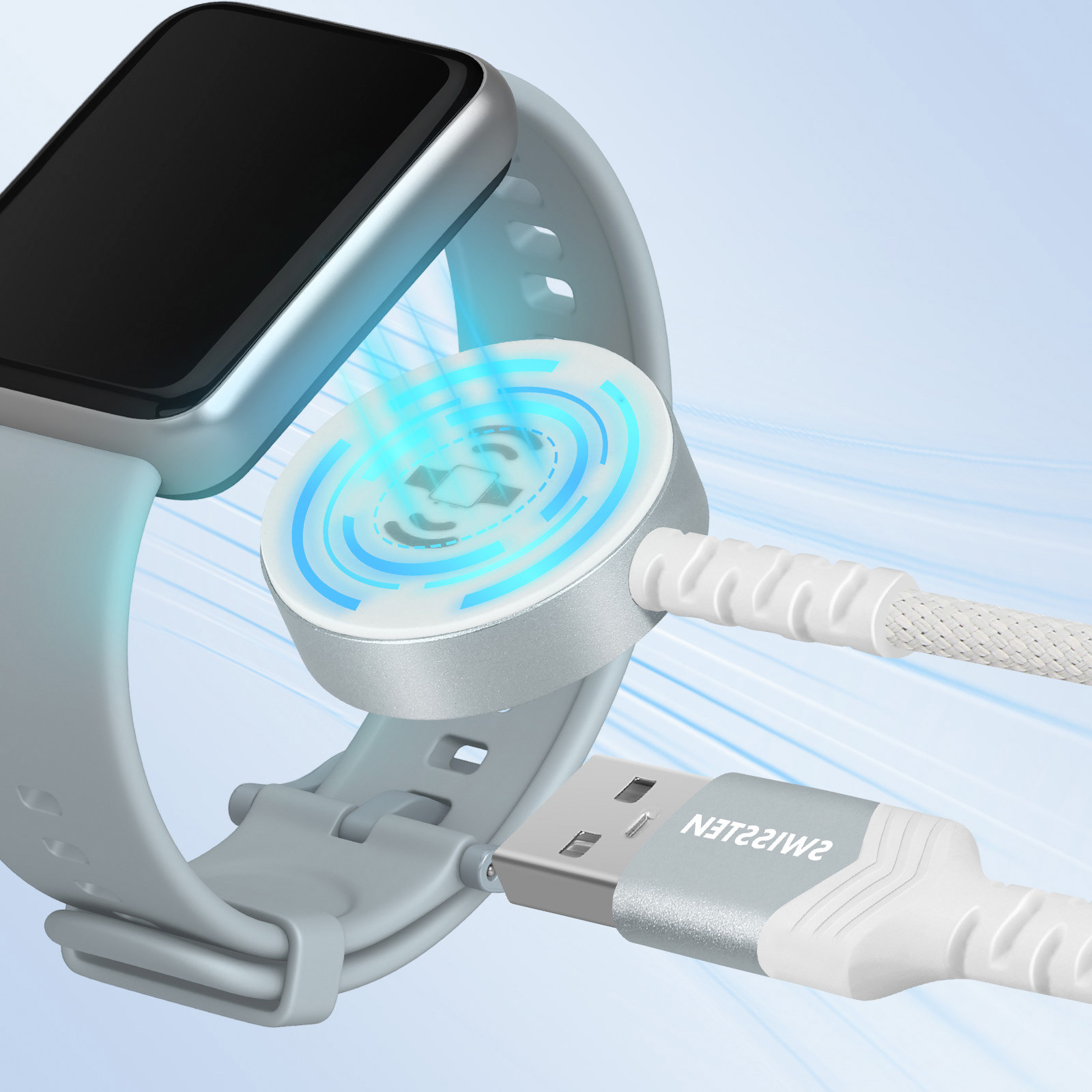 Eine Smartwatch wird drahtlos von einem magnetischen Ladegerät aufgeladen, mit einem USB-Kabel im Vordergrund.