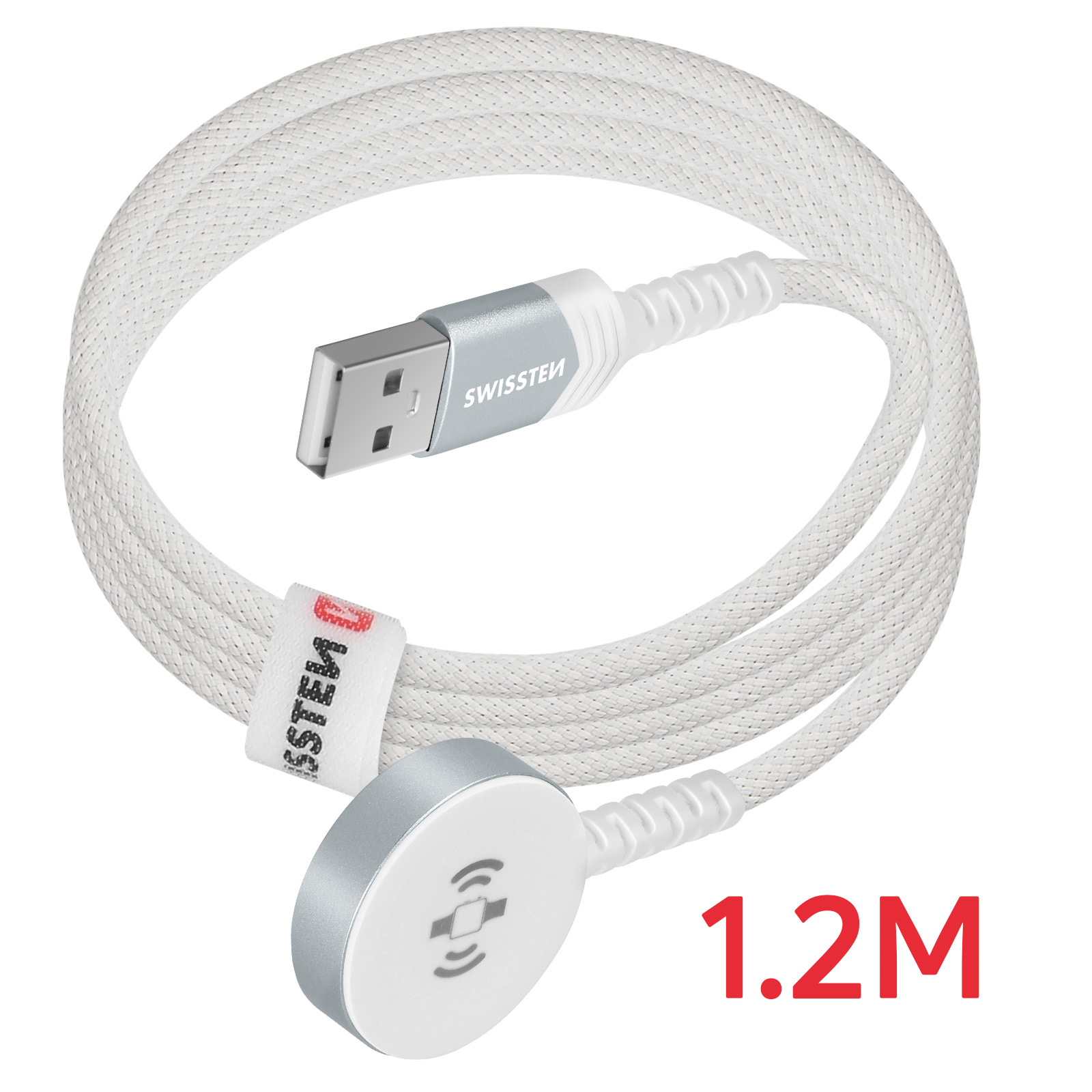 Ein weißes, geflochtenes USB-Ladekabel mit silbernem Stecker und magnetischem Uhrenlader, beschriftet mit 1.2M.
