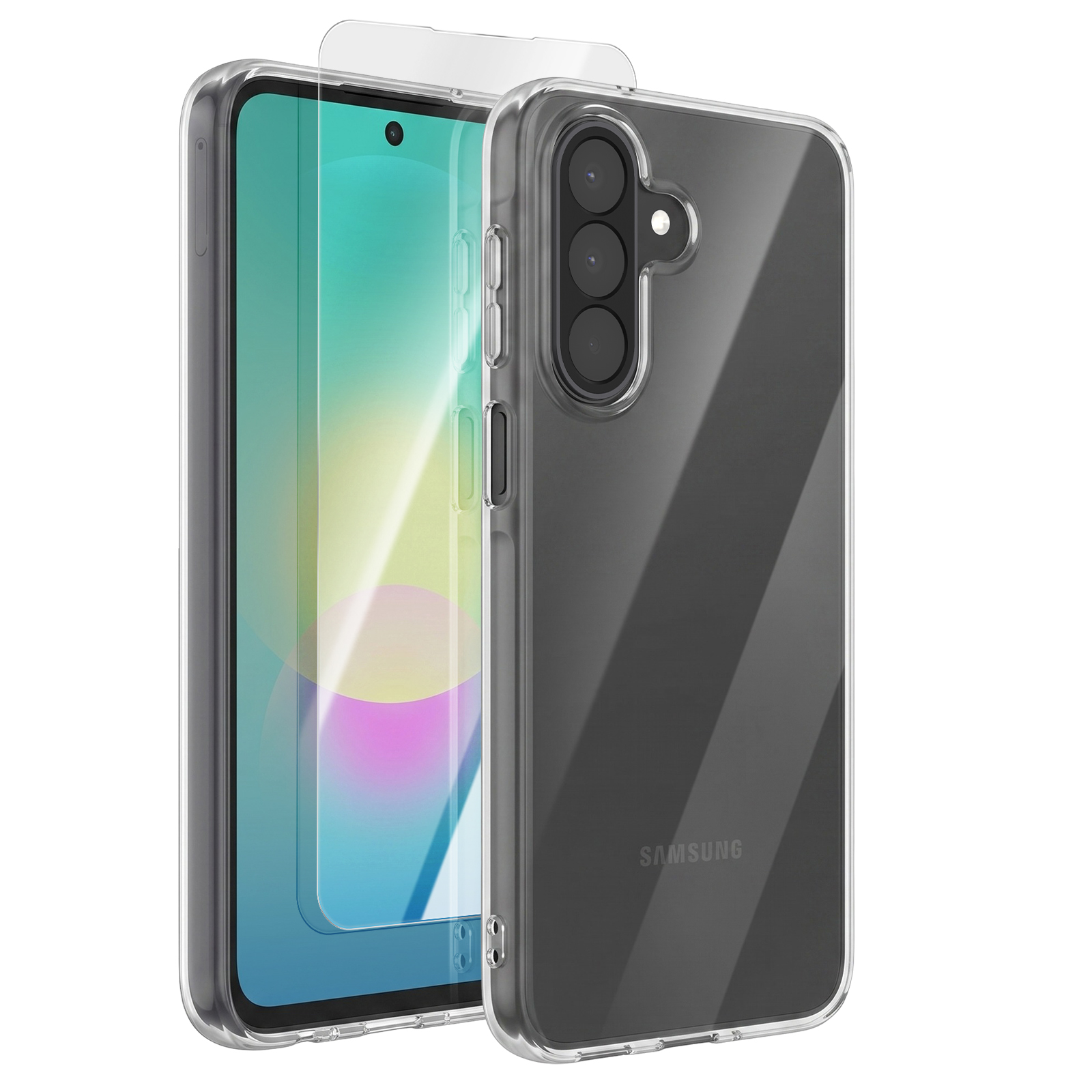 Ein Smartphone mit klarer Schutzhülle und einer Bildschirmschutzfolie davor.
