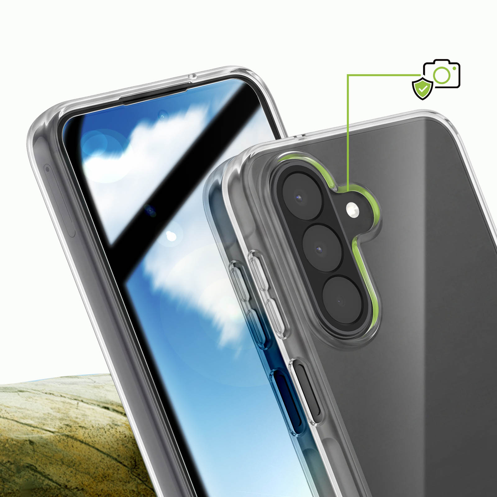 Ein Smartphone in einer klaren Schutzhülle, das die erhöhte Kameraeinfassung mit einem Symbol hervorhebt.
