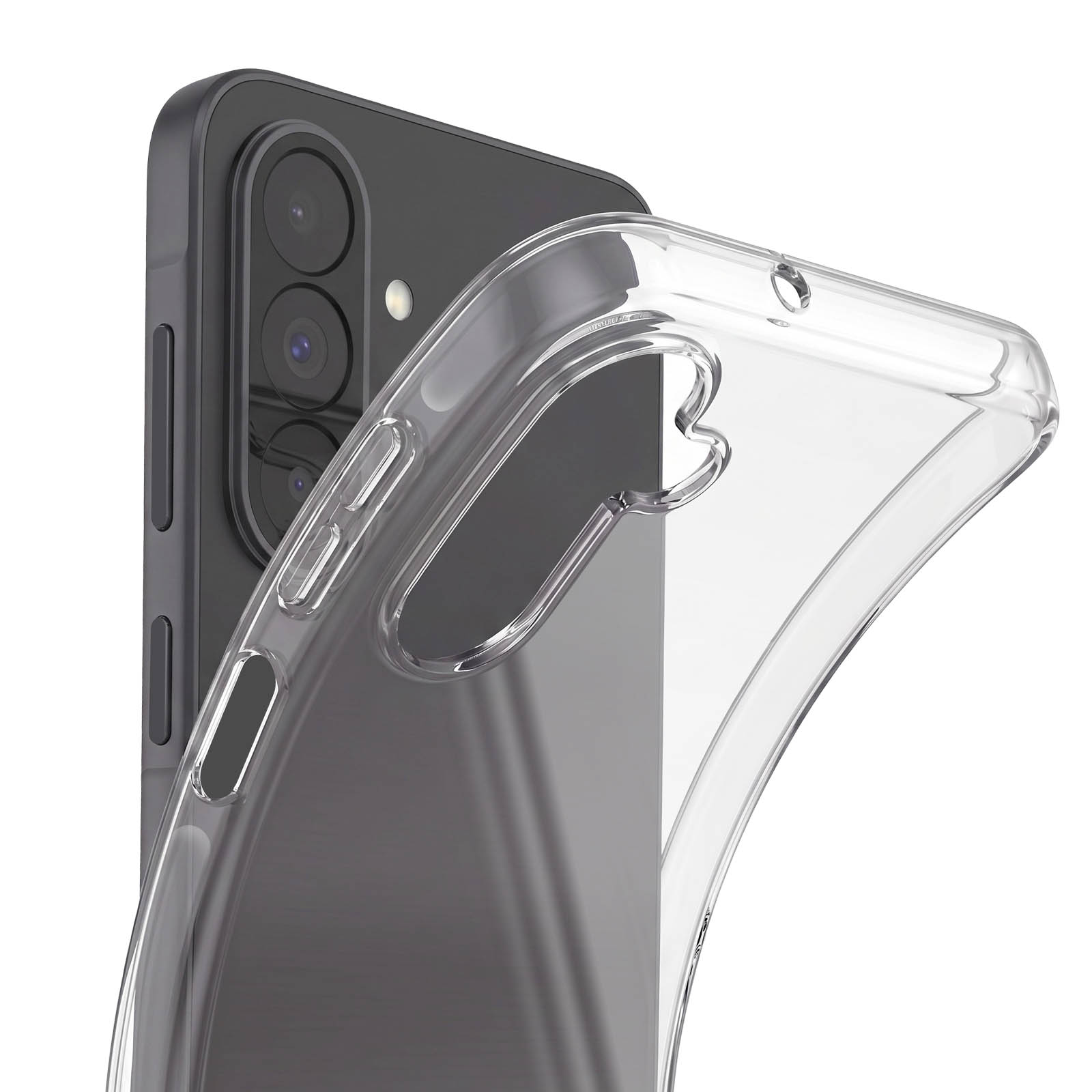 Ein klares Schutzcase wird an die Rückseite eines grauen Smartphones gehalten.