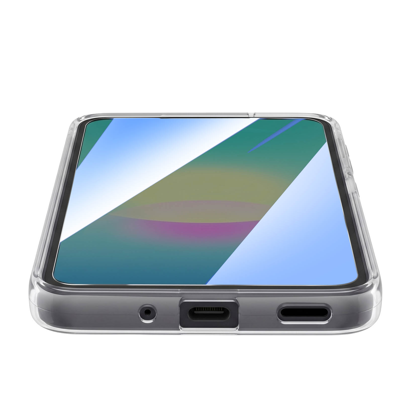 Unterseite eines Smartphones mit USB-C-Anschluss, Kopfhörerbuchse und Lautsprecher in einer Schutzhülle.