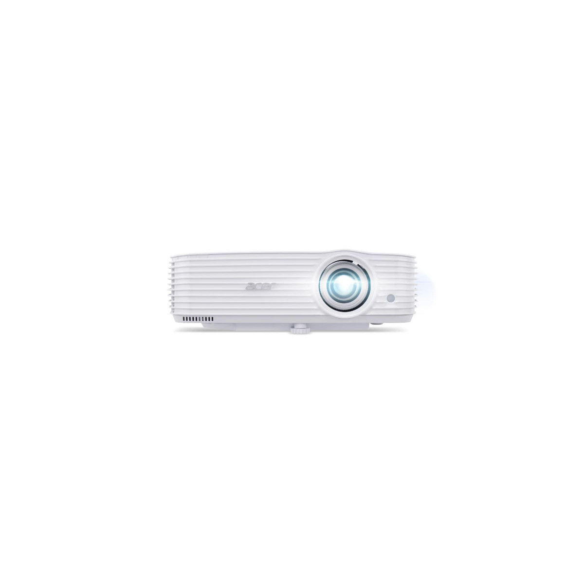 Un proyector Acer blanco sobre fondo blanco destaca su lente y su carcasa estriada.
