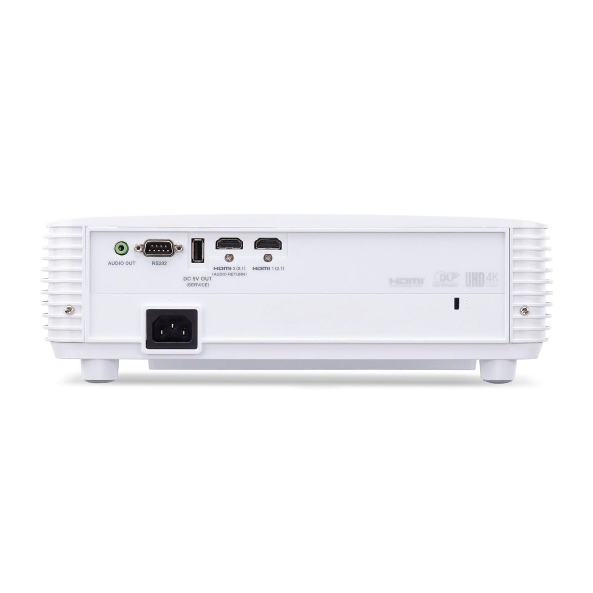 Vista trasera de un proyector blanco con puertos de audio, USB, HDMI y alimentación sobre fondo blanco.