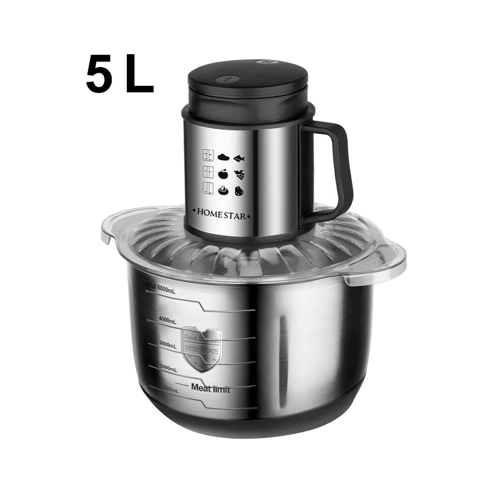 Ein 5-Liter-Edelstahl-Küchenhäcksler mit schwarzem Deckel und transparentem Schutz auf einem weißen Hintergrund.