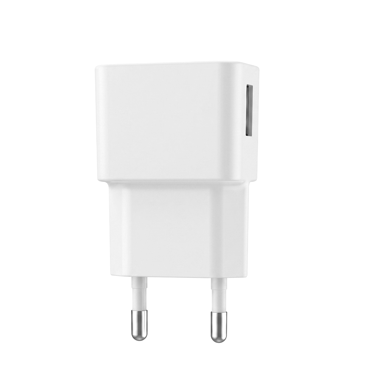 Ein weißes USB-Ladegerät mit zwei runden Metallstiften auf einer weißen Oberfläche.