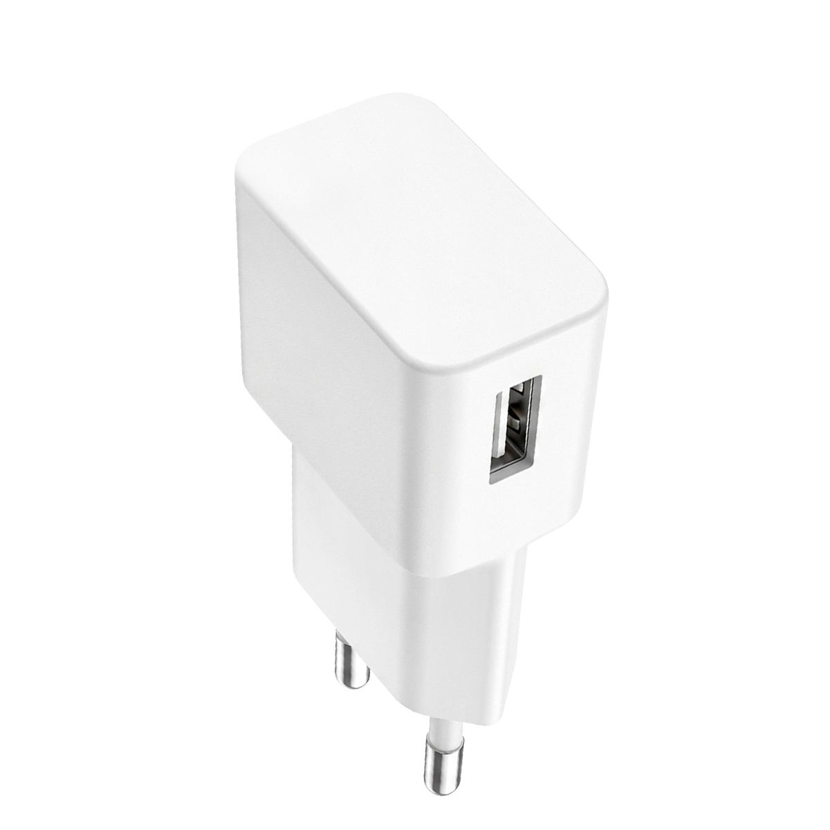 Ein weißer USB-Wandadapter mit zwei runden Steckerkontakten auf einer weißen Oberfläche.