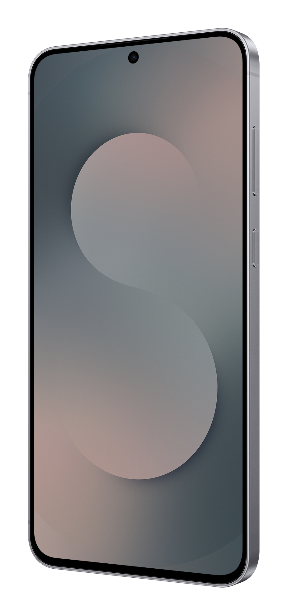 Ein modernes Smartphone mit grauem abstraktem Hintergrundbild, Seitenknöpfen und silbernem Rahmen.